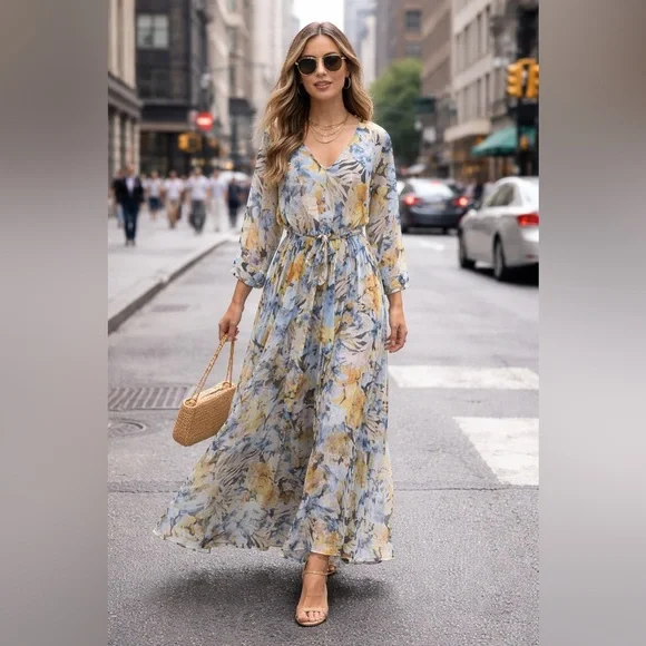 ENFOCUS Women’s Navy Yellow Floral Long Sleeve Chiffon V-neck Maxi Dress 14W - Picture 1 of 8